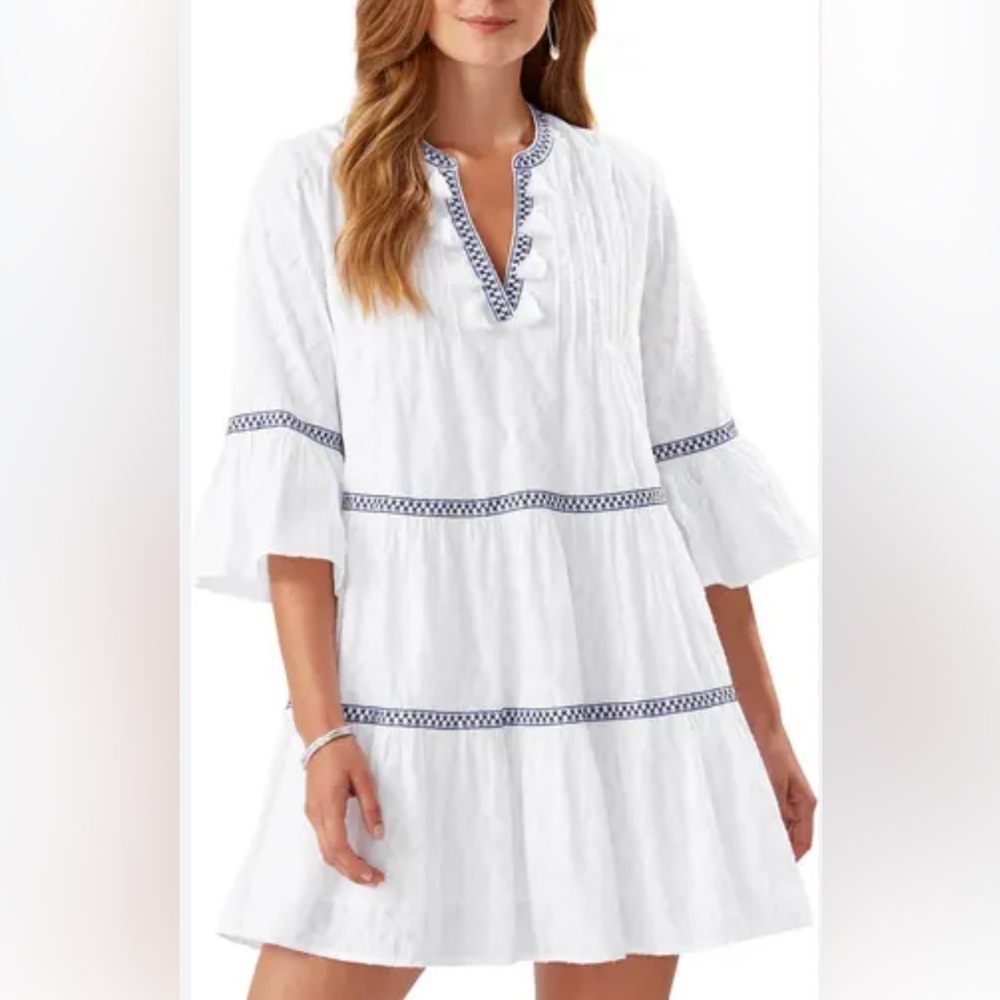 Tommy Bahama White Cotton Embroidered Tier  Mini Boho Tunic Navy Trim & Tassels